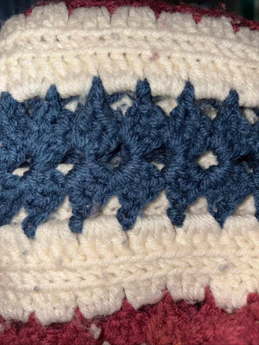 Vintage Crocheted Afghan Red White And Blue Patriotic Throw Blanket 55” X 68”